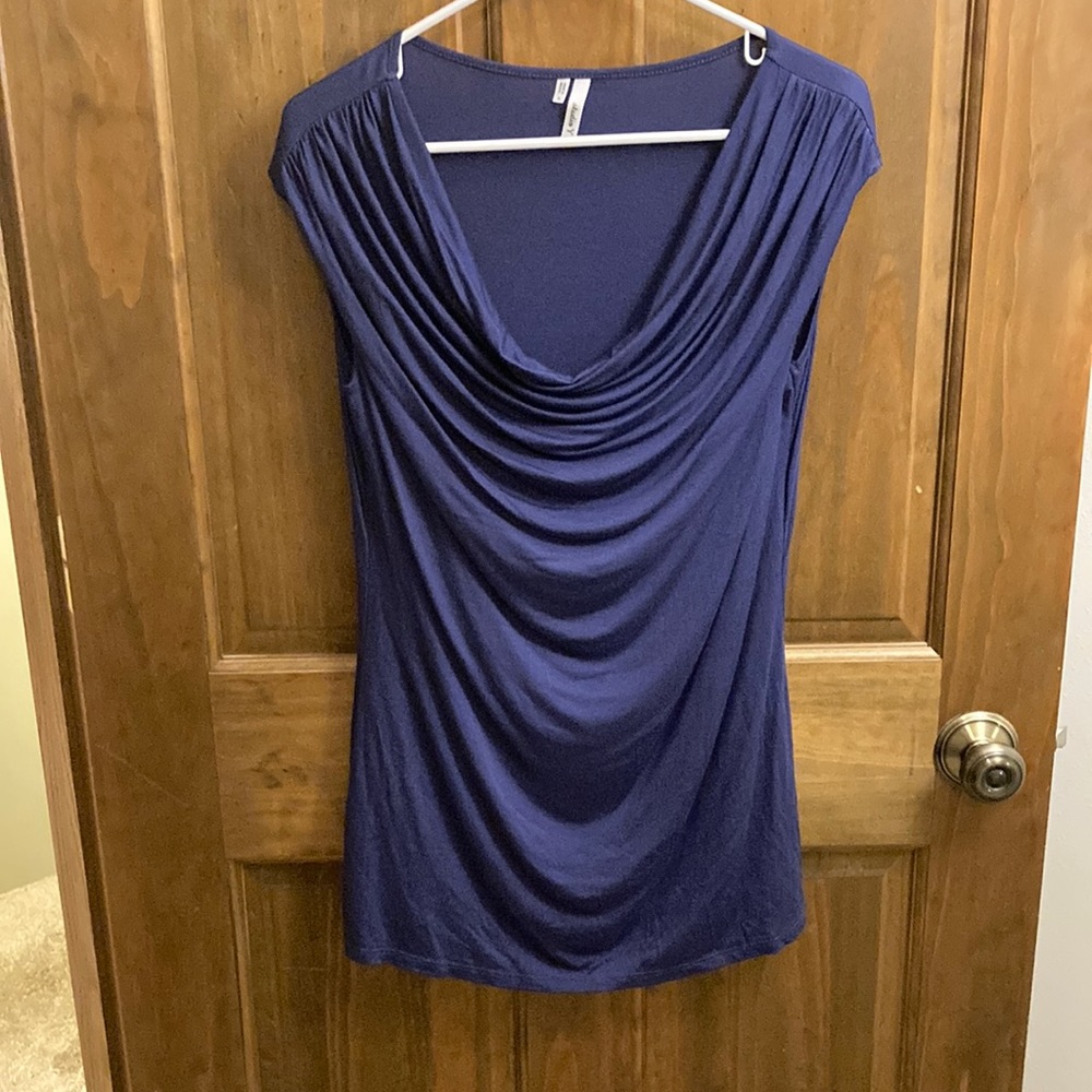Studio Y Blue draped cowl neck top Sz L
